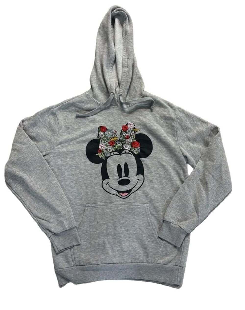 Disney Minnie Mouse Hoodie Size MD Gray Floral Bow Pullover Sweatshirt